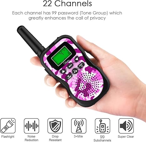 Camouflage Kids Walkie Talkies - 2-Pack with 22 Channels, 99 Subchannels, Noise Reduction, and Flashlight